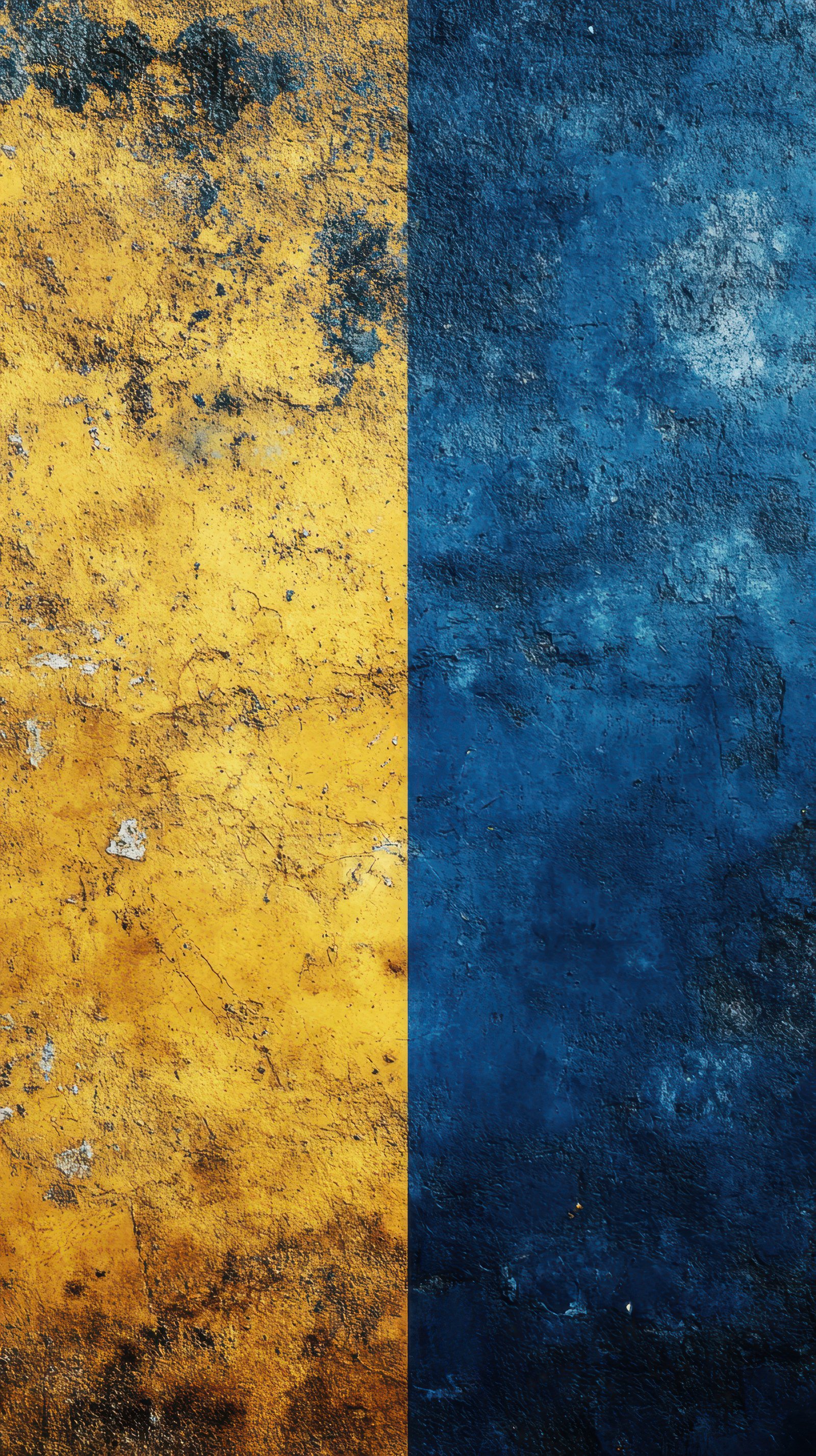Vibrant yellow and blue textured wall backdrop showcasing color contrast and wear in urban environment